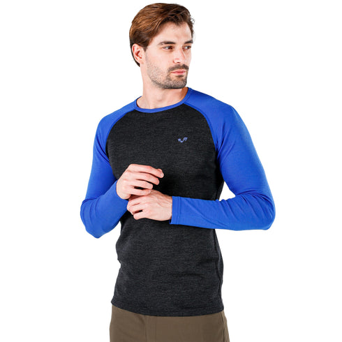 Langarmshirt aus Merinowolle fßr Herren in Anthrazit mit blauen Raglanärmeln